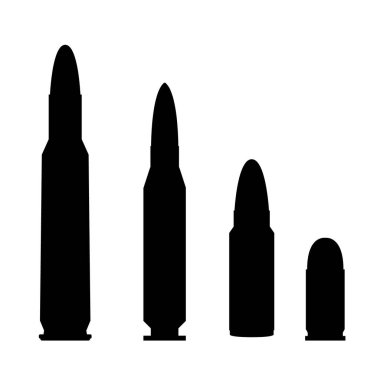 Collection of bullets and cartridges. Bullet black silhouettes set. Vector illustration