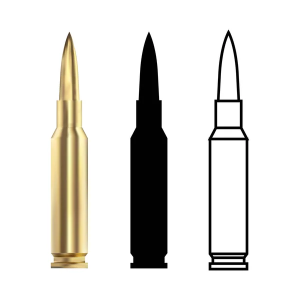 Collection Bullets Cartridges Set Black Contour Realistic Bullets White Background — Vetor de Stock