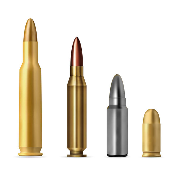 Various types and sizes of ammunition for weapons. Realistic set of bullets and cartridges on a white background. Vector illustration