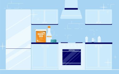 Mavi renkte temiz, parlak bir mutfak, gazozlu doğal temizlik.