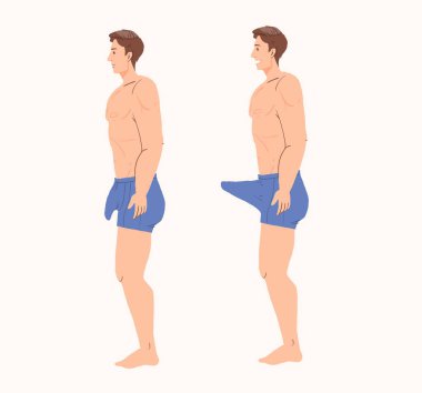 Bir adam pantolonunu açar ve iç çamaşırının içine bakar. Genital organları şişmiş bir adam.