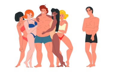 Handsome successful man being hugged and kissed by two attractive women