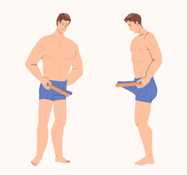 Man Shorts Measuring His Penis Ruler Medical Illustration — Vector de stock