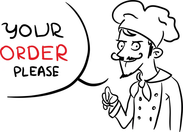 Freaky cartoon chef-kok vragen voor een order. — Stockvector