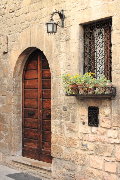 Medieval door with lamp, window and flower pots