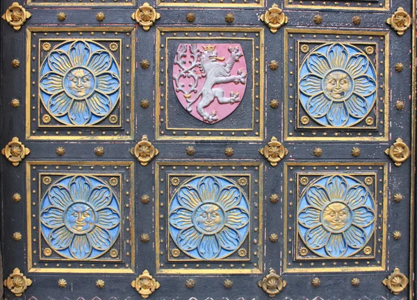 Porta de madeira com emblemas — Fotografia de Stock