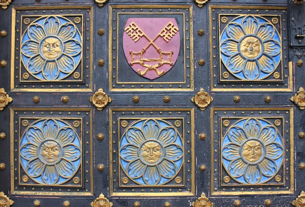 Porta de madeira com emblemas — Fotografia de Stock