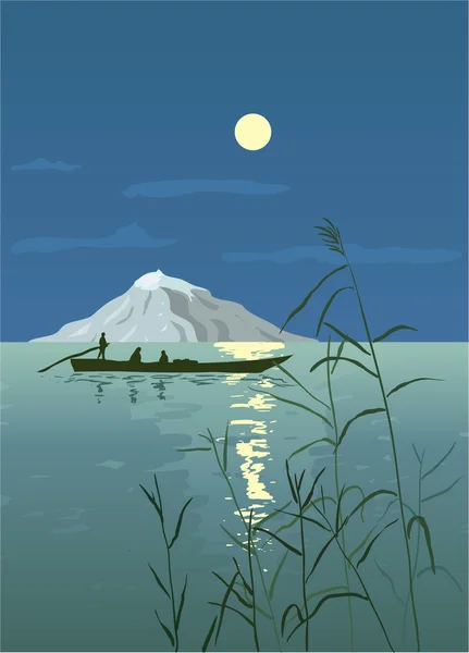 Paysage marin de nuit avec bateau — Image vectorielle