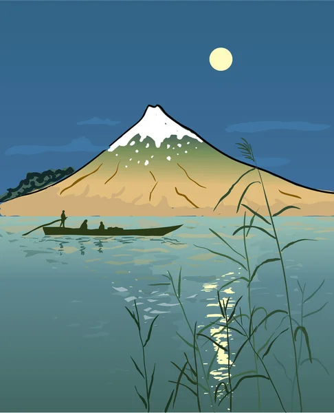 Paisaje marino nocturno con barco — Vector de stock