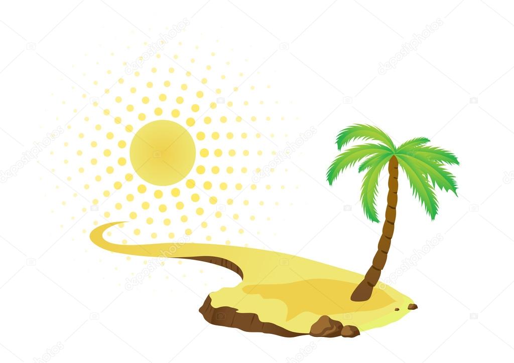 Tropical palm on island with sea. Vector logo.