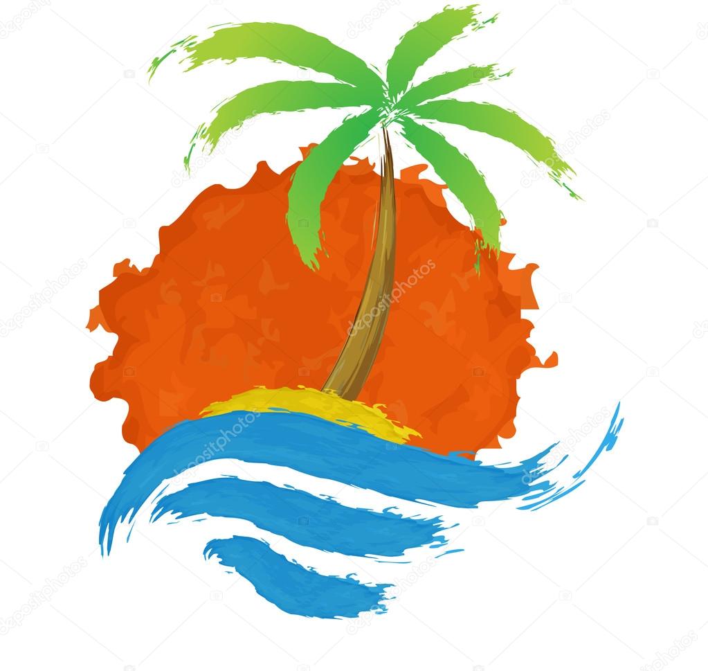 Tropical palm on island with sea. Vector logo.
