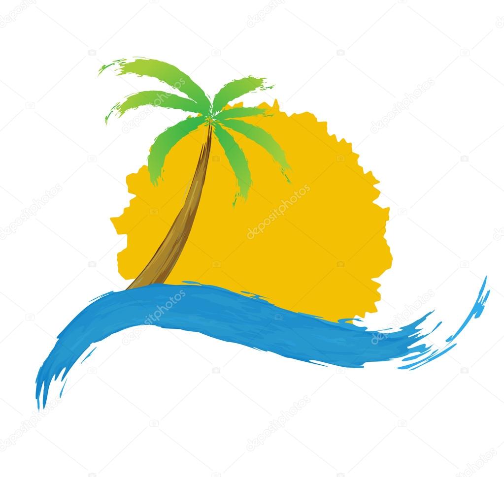 Tropical palm on island with sea. Vector logo.