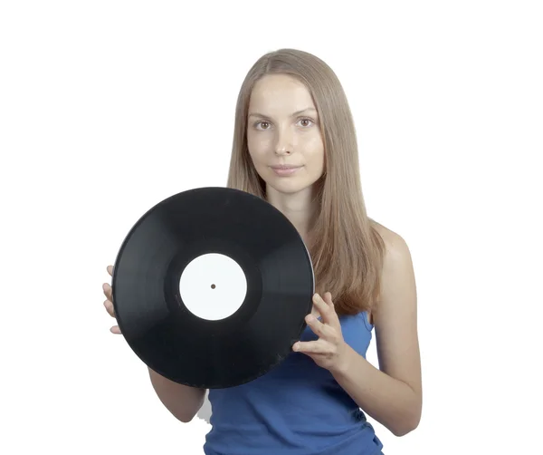 Dívka s vinyl disk, izolované na bílém — Stock fotografie