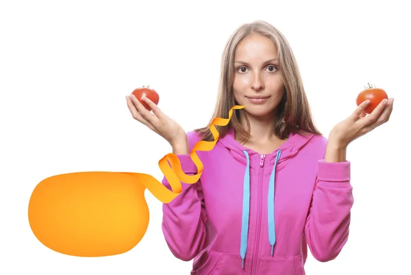 Vrouw met tomaten, geïsoleerd — Stockfoto