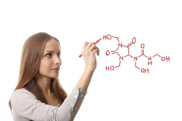 化学家显示一个分子的结构 — 图库照片