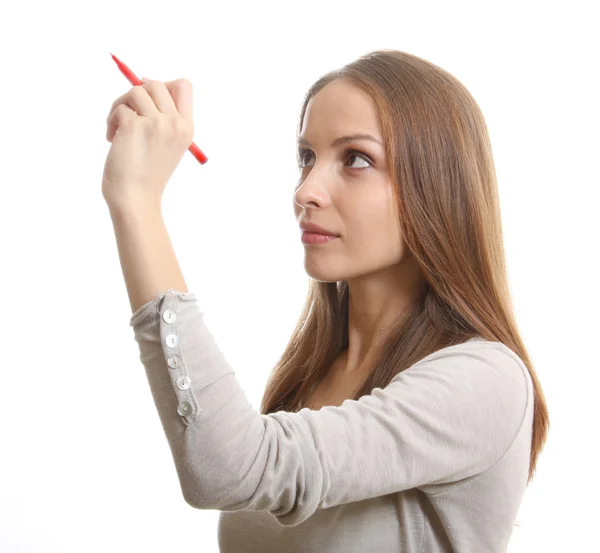 Young woman with pen — Stock Photo, Image