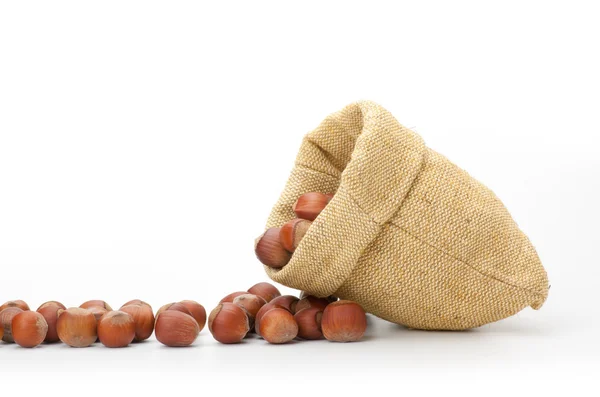 Hazelnuts in a burlap bag on white background — Stock Photo, Image