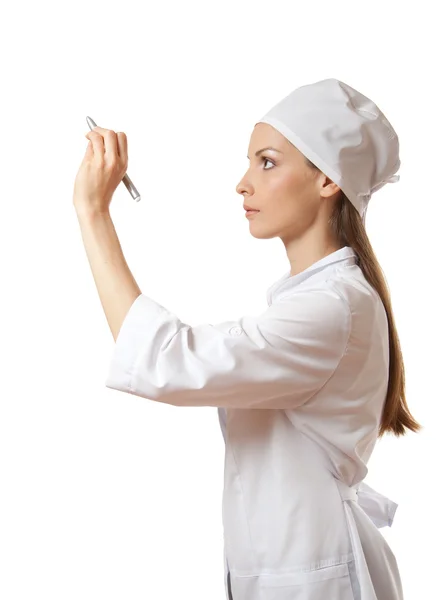 Doctor writing something with marker on glass — Stock Photo, Image