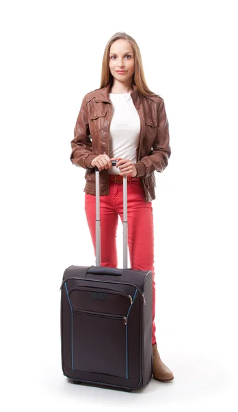 Jovem fêmea com a bolsa de viagem, isolada — Fotografia de Stock