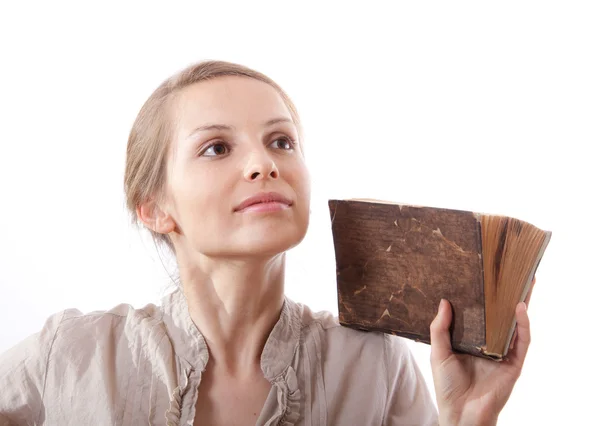 Woman holding old book, isolated — Stock Photo, Image