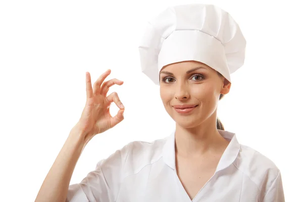 Şef baker veya ok işaret gösteren aşçı — Stok fotoğraf