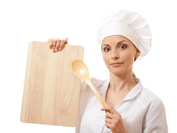 Vrouw chef-kok in uniform met snijplank, geïsoleerd — Stockfoto