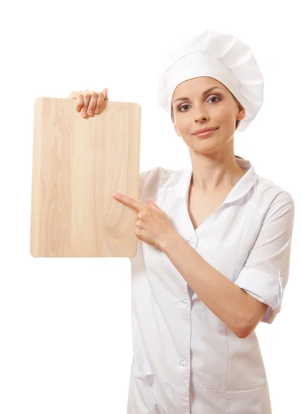 Mulher Chef em uniforme com placa de corte, isolado — Fotografia de Stock