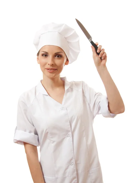 Mujer Chef en uniforme sosteniendo un cuchillo de cocina —  Fotos de Stock