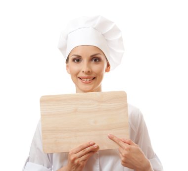 izole kesme tahtası ile üniformalı kadın aşçı