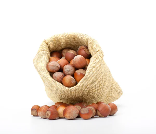 Hazelnuts in a burlap bag on white background — Stock Photo, Image