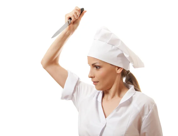 Femme Chef en uniforme tenant un couteau de cuisine — Photo