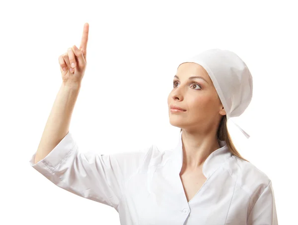 Woman doctor presses on a virtual button — Stock Photo, Image