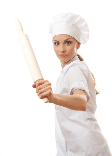 Baker / Chef mujer sosteniendo rodillo de hornear — Foto de Stock
