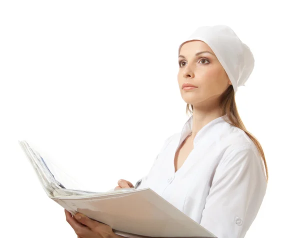 年轻女医生与孤立在白色的文件夹 — 图库照片