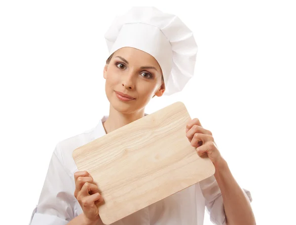 Mujer Chef en uniforme con tabla de cortar, aislado —  Fotos de Stock