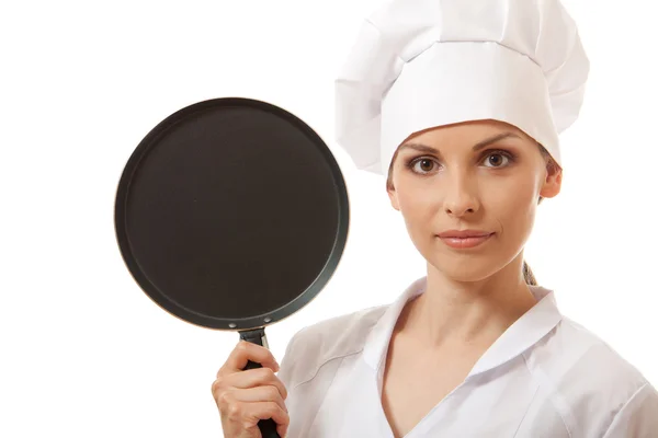 Female cook / chef in white uniform with pan — Stock Photo, Image