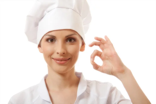 Chef padeiro ou cozinheiro mostrando ok sinal de mão — Fotografia de Stock