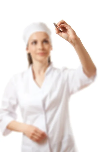 Doctor writing something with marker on glass — Stock Photo, Image