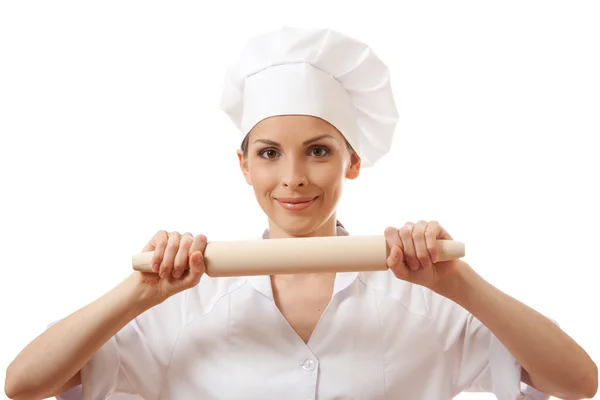 Baker / Chef mujer sosteniendo rodillo de hornear — Foto de Stock