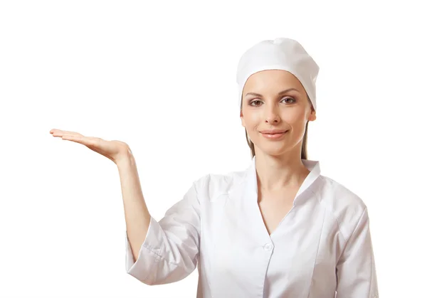 Doctor woman presenting and showing — Stock Photo, Image