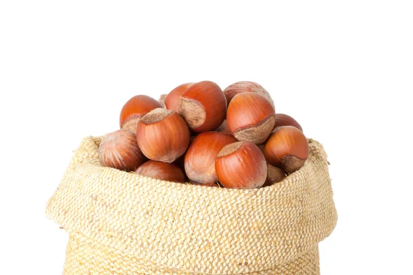 Hazelnuts in a burlap bag on white background — Stock Photo, Image