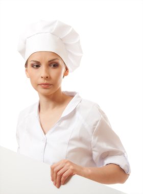 kadın Şef, baker veya beyaz kağıt işaret tutan aşçı
