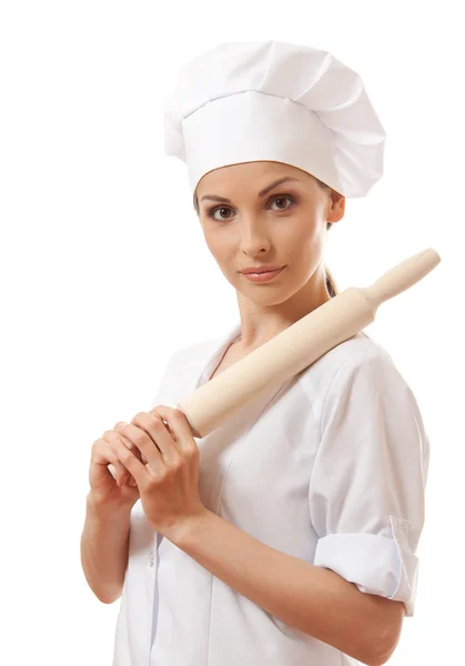 Baker / Chef woman holding baking rolling pin — Stock Photo, Image