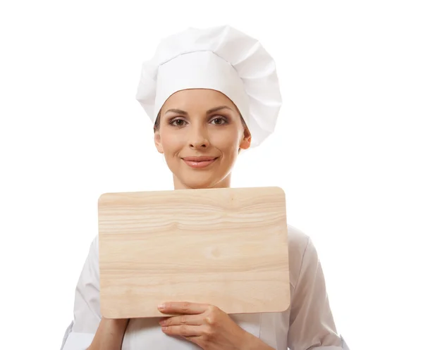 Az egységes, vágódeszka, elszigetelt nő Chef — Stock Fotó