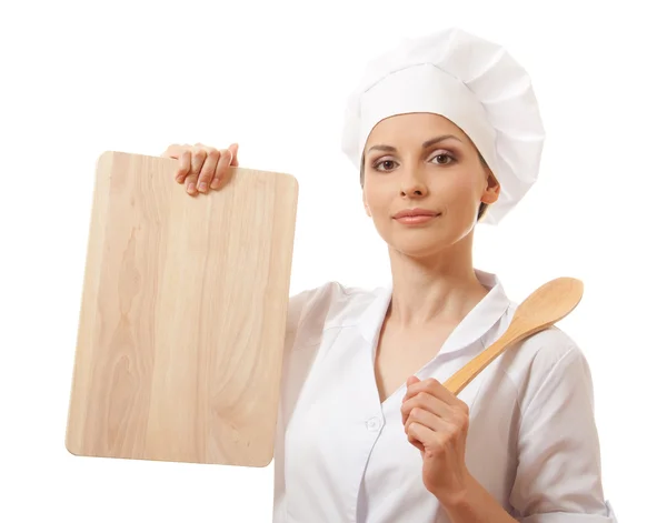 Mulher Chef em uniforme com placa de corte, isolado — Fotografia de Stock