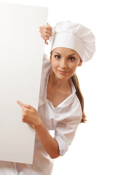 Mulher chef, padeiro ou cozinheiro segurando sinal de papel branco — Fotografia de Stock