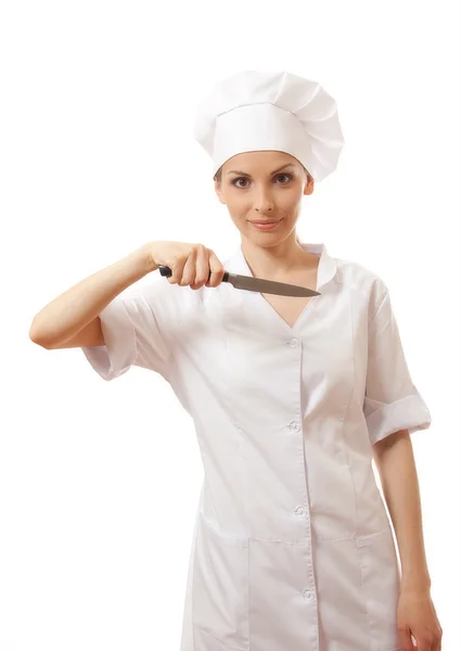 Vrouw chef-kok in uniform houden een keukenmes — Stockfoto