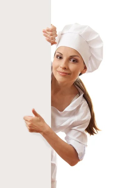 Femme chef, boulanger ou cuisinier tenant une pancarte en papier blanc — Photo