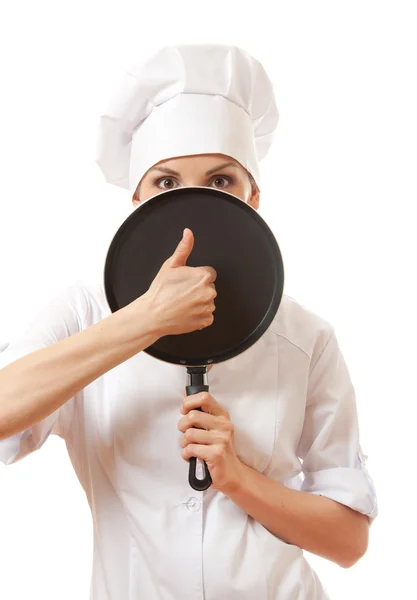 Cuoca / cuoca in uniforme bianca con padella — Foto Stock