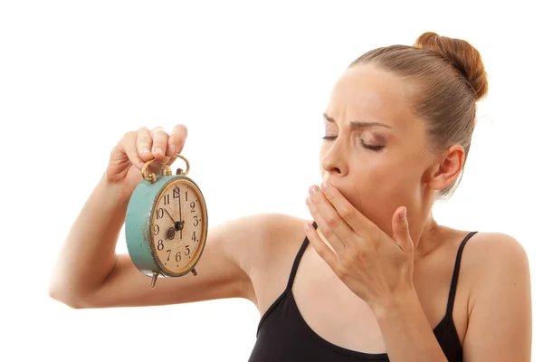 Woman with alarm clock, isolated on white — Stock Photo, Image